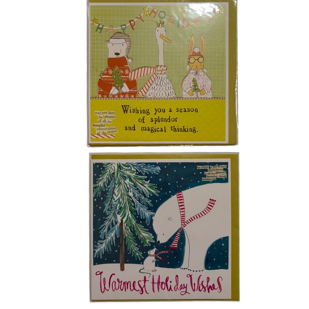 2 Holiday Greeting Cards Polar Bear Goose Rabbit‎ Holiday Warmest Wishes New
